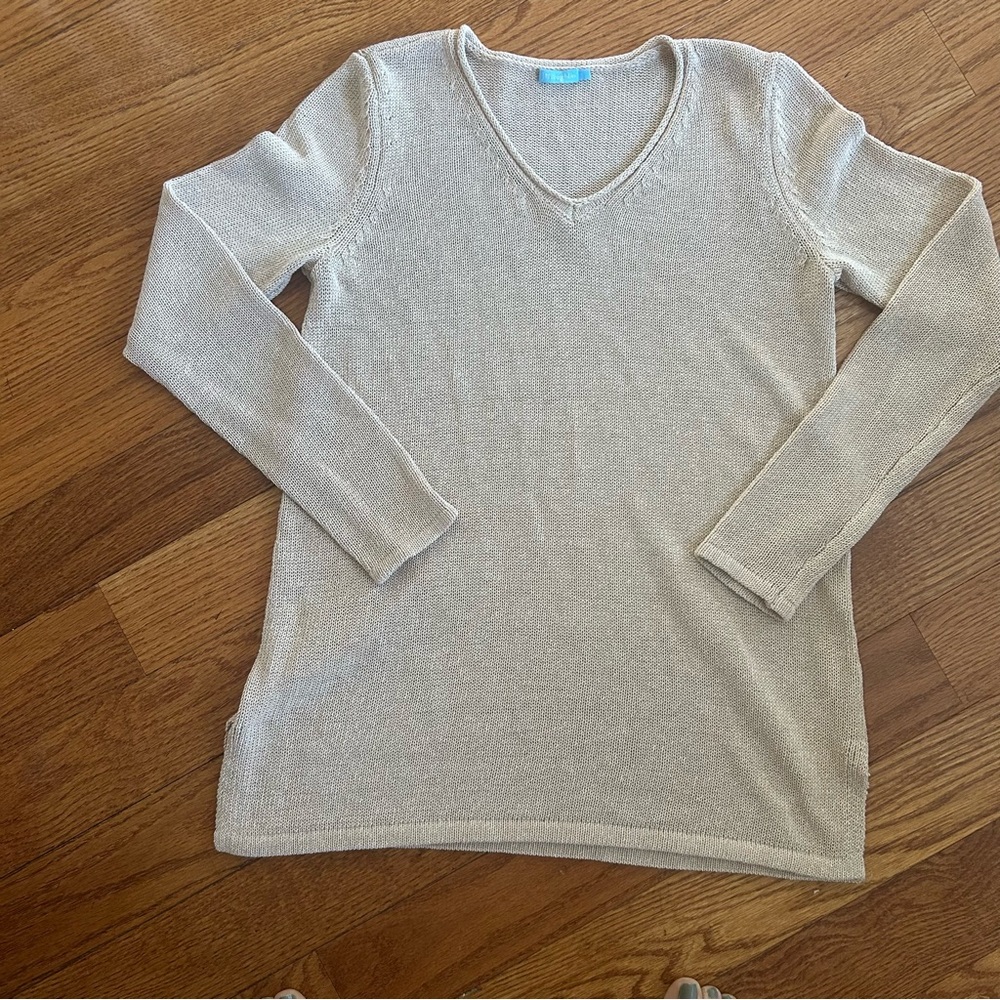 J.McLaughlin Callum V-Neck Pullover Sweater Beige Knit Women’s Classic Preppy S